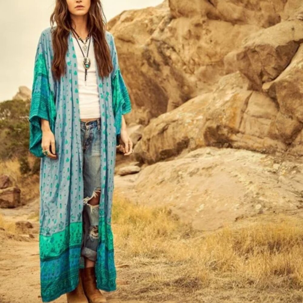 Spell & The Gypsy Robe desert wanderer floral duster kimono womens Blue one size
